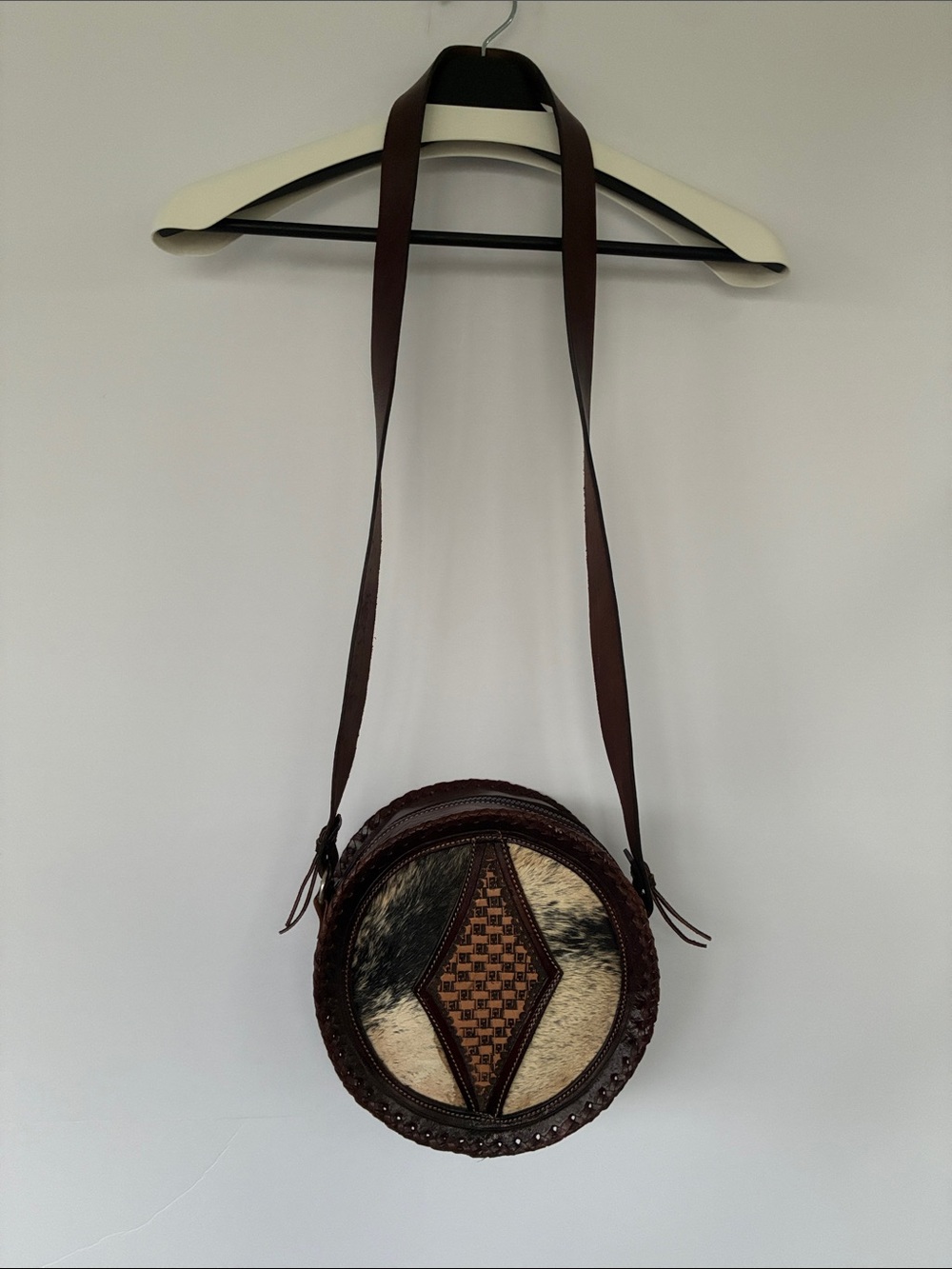 Hand Tooled Leather Cowhide Canteen Purse Round Crossbody Boho Western
